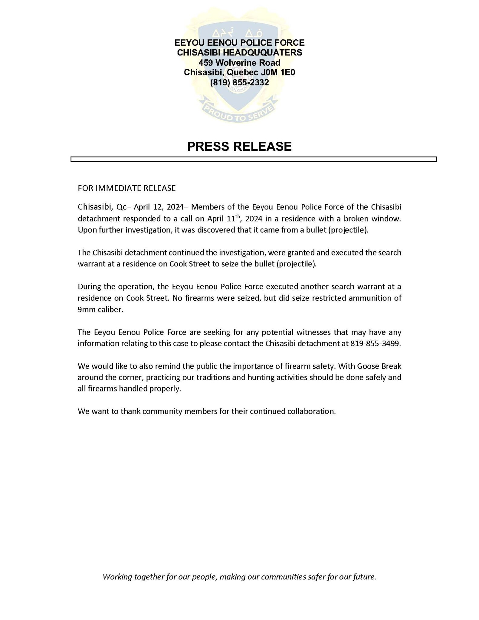 Press Release – Chisasibi Qc, April 12, 2024 – EEPF