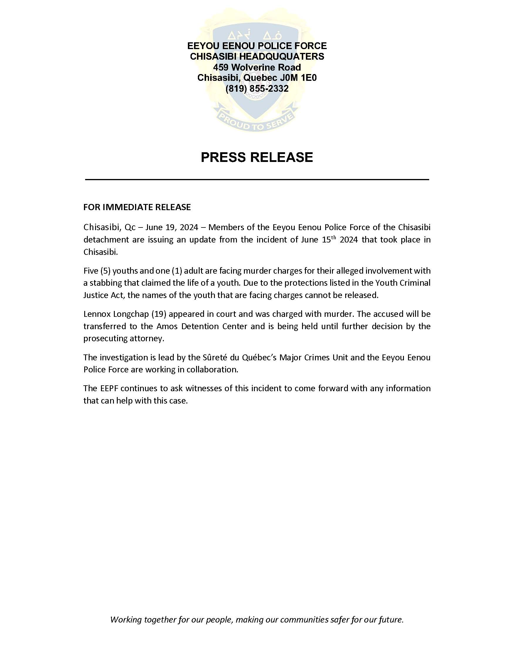 Press Release – Chisasibi Qc, June 19, 2024 – EEPF